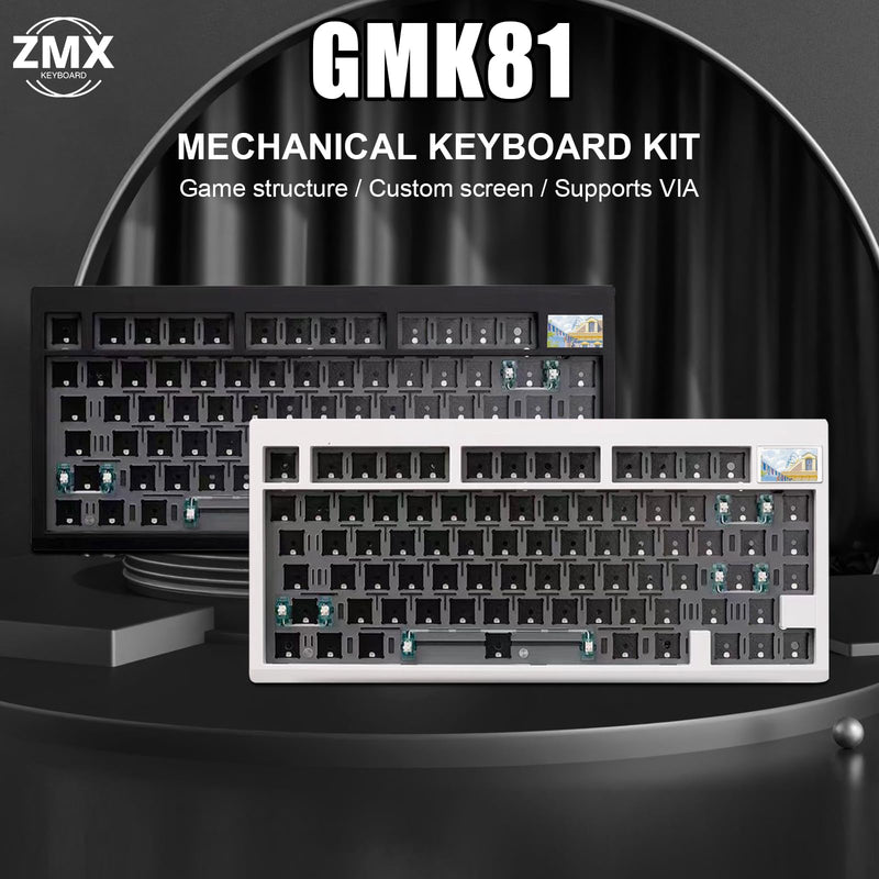 GMK81 75% Keyboard Kit,Hot Swap Bluetooth/2.4G Wireless/Type-C Tri-Mode RGB Mechanical Keyboard with TFT-LCD Screen PCB Gasket VIA Programmable Customized Barebones TKL Gaming DIY Kit (Black) Black+Display