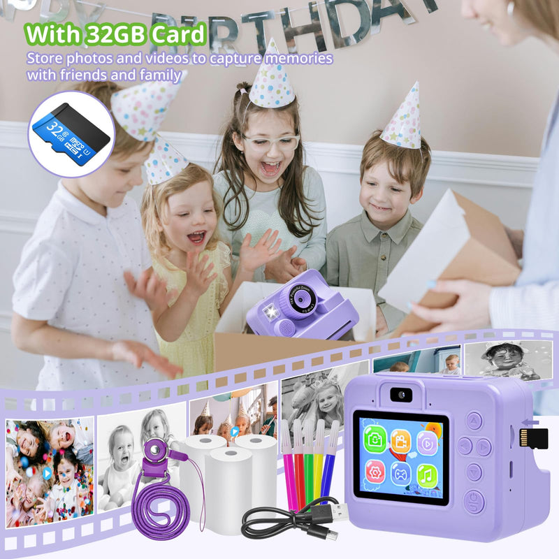 Kids Camera Instant Print Portable Dual-Lens Selfie Cameras with Print Paper & 32G Card, Photo 1080P HD Toddler Digital Printing Camera for 4 5 6 7 8 9 10 Years Old Girls Boys, Purple