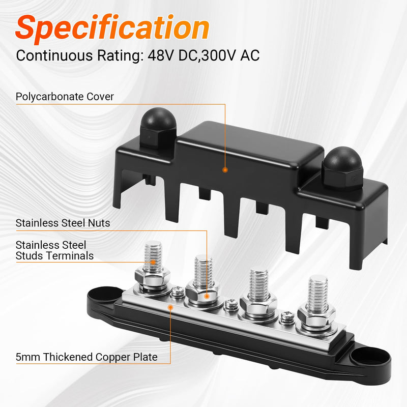 Power Distribution Block, 12V 300A Bus Bar, 3/8" Studs Terminal Strip, 12-48V Heavy Duty Terminal Block, Positive & Negative Junction Block with Cover, RV Car Marine Automotive Battery Busbar