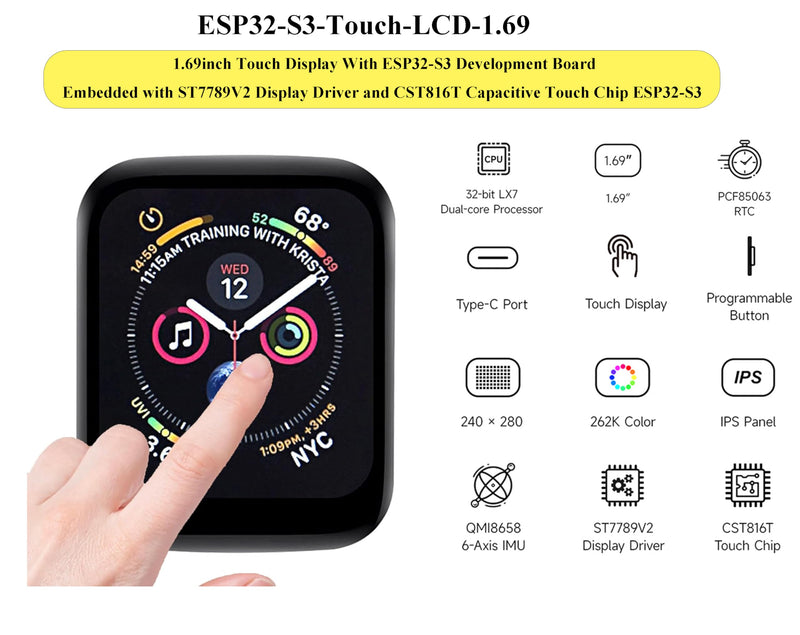 ESP32-S3 1.69inch Touch Display Development Board, 240×280 Pixels, 262K Color, Micro LCD Display with ESP32-S3, Accelerometer and Gyroscope Sensor ESP32-S3 1.69inch Touch Display
