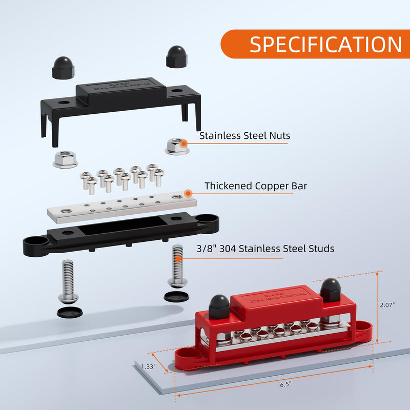 Bus Bar 12V 275A Power Distribution Block 2 x 3/8" (M10) Terminal Studs and 10 x #10 Screws Terminals Positive and Ground Battery BusBar 2 x 3/8" Studs and 10 x #10 Screws