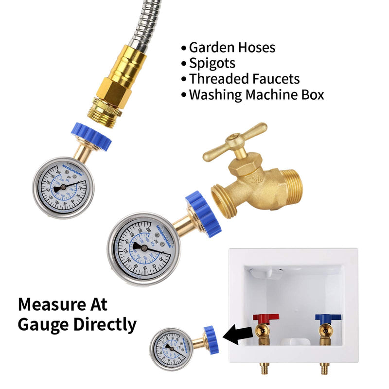 MEASUREMAN 2-1/2" Water Pressure Gauge Kit 6 Parts Kit, Lead-Free Brass, 2-1/2" dial, 0-200 Psi，Glycerin Filled,3/4" Hose Thread, Plus 5 Adapters Integral Stainless Steel Case(7in1)