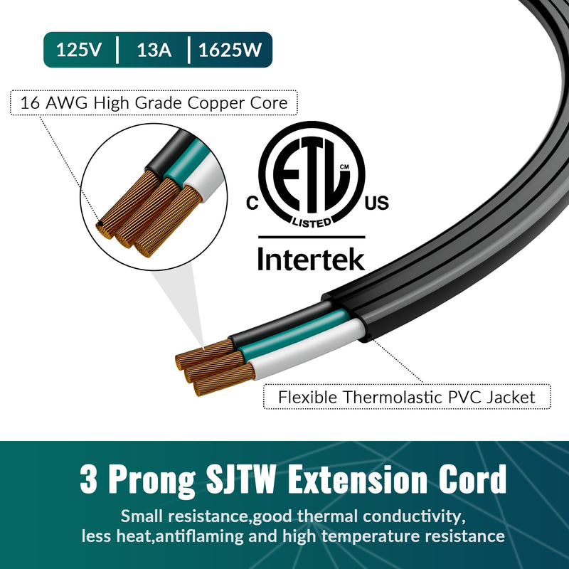 Elecan Flat Plug Extension Cord 30 Ft with Slim Space-Saving Plug Design, Thin Flat Cable Low Profile Power Cord 3 Prong Grounded Wire, 16 Gauge 13 A/125 V-Black-ETL Certified 1 Pack 30FT