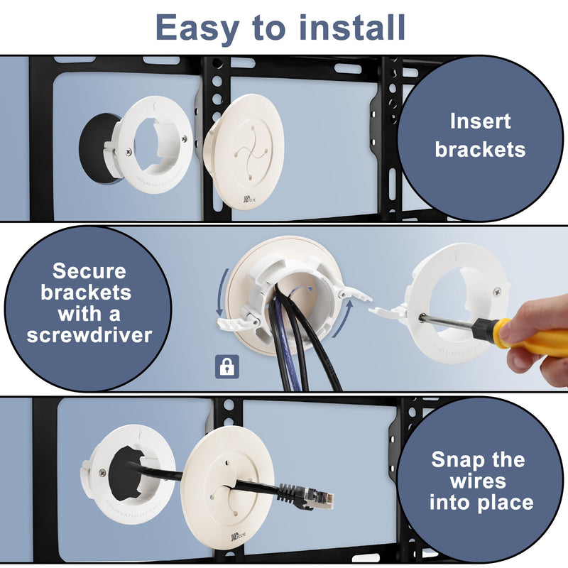 Wire Hiders for TV on Wall, 3in White in Wall Cable Management Kit, YCLYC Cable Hider Wall Grommets for Cables, Wire Hider Wall to Install includes 4 Pass Brackets and 1 Hole Saw Drill 4 Pack