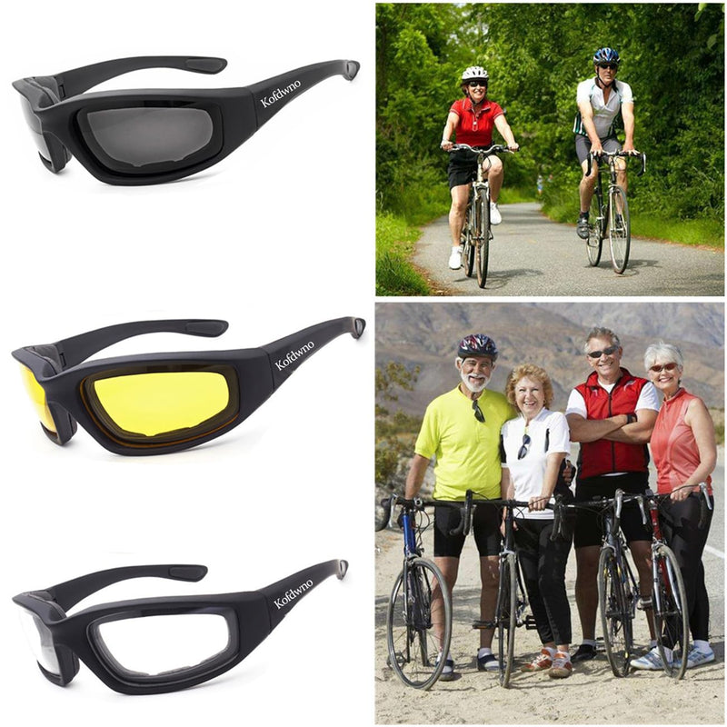 3 Pairs Motorcycle Riding Glasses Foam Padded Eyewear Goggles UV Protection Anti-Wind Dustproof Motorcycle Sunglasses for Outdoor Activities Sports-Clear Yellow Smoke