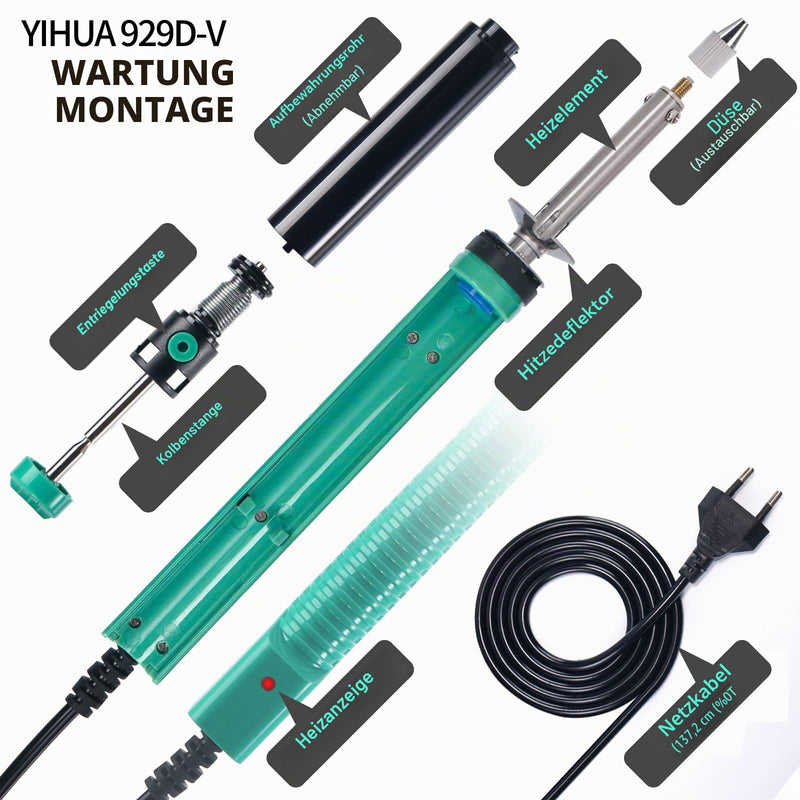 YIHUA 929D-V Electric Vacuum Desoldering Iron, Soldering Iron, Suction Desoldering Pump with Shorter Charging Handle and Desoldering Nozzles 1.0 mm 1.2 mm 2.0 mm for Through Soldering (EU Plug)