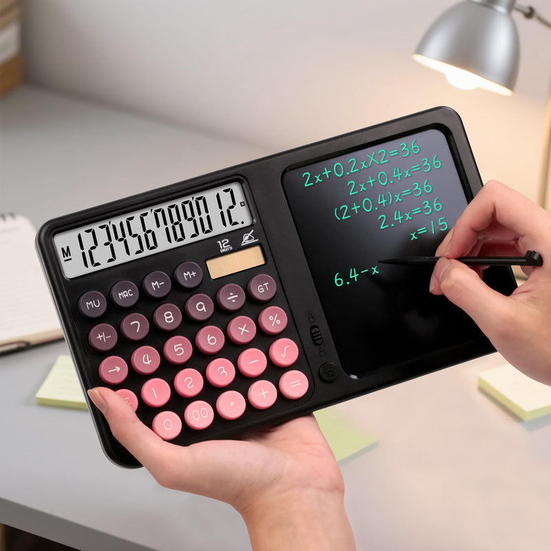 Dual Screen 12-Digit Desktop Calculator with Liquid Crystal Writing Tablet – Solar & Battery Powered Math Tool with Large Display for Office, Business & Study (White) White