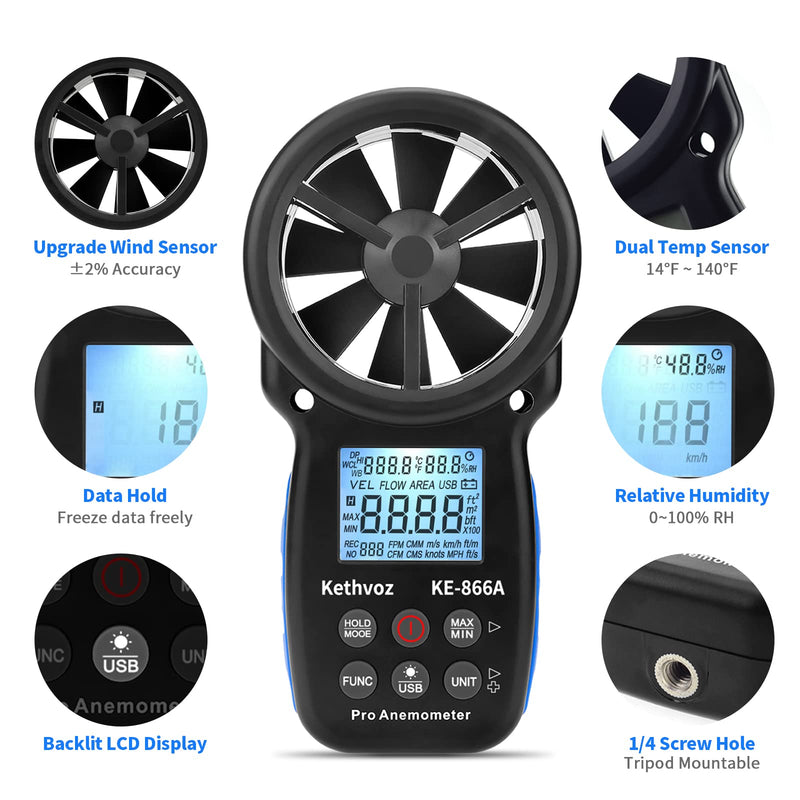 Wind Meter HVAC Anemometer, Kethvoz Wind Meter CFM Air Flow Tester Wind Speed Meter Measuring Air Flow Speed Wind Temperature for Air Vent Dust Collection Drone Shooting