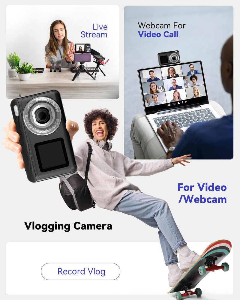 Digital Camera, Real 2.7K Dual-Screen Digital Camera for Photography Auto-Focus Vlogging Camera for YouTube Video 16x Zoom 32GB SD Card Anti Shake Compact Camera for Student Teen Boys Girls Kids Black