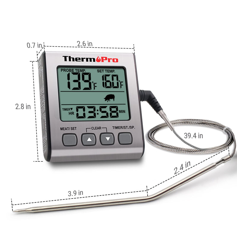 ThermoPro TP16S Digital Meat Thermometer for Cooking and Grilling, BBQ Food Thermometer with Backlight and Kitchen Timer, Grill Temperature Probe Thermometer for Smoker, Barbecue, Oven, Baking,Oil Light Silver