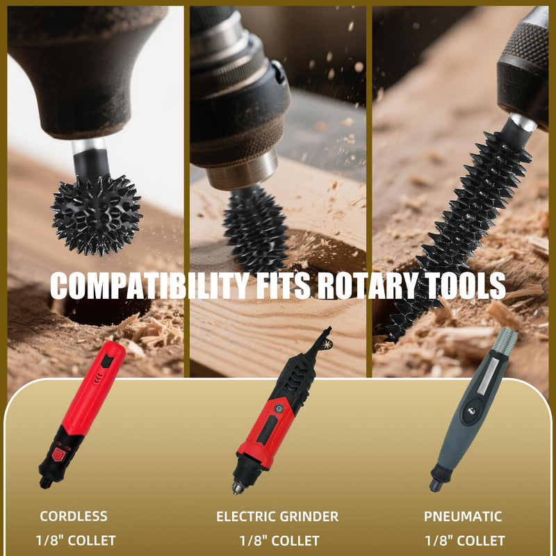 CAELUM Carbide Rotary Burr Kit, 3-Piece Wood Carving Burr Set, 1/8" Shaft Very Coarse Burrs for Fast Material Removal, Sphere Flame Taper Bits for Dremel, DeWalt Rotary Tools, Wood Rubber Plastic 3PcsFlame, Sphere, Taper