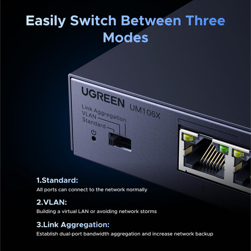 UGREEN 2.5Gb Switch, 6-Port Ethernet Switch, 5 x 2.5Gb Uplink + 1 x 10Gb SFP+, Standard/Link Aggregation to 5Gbps/VLAN 3 Modes, Plug & Play Unmanaged Splitter, Desktop/Wall Mount, Metal, for NAS, PC