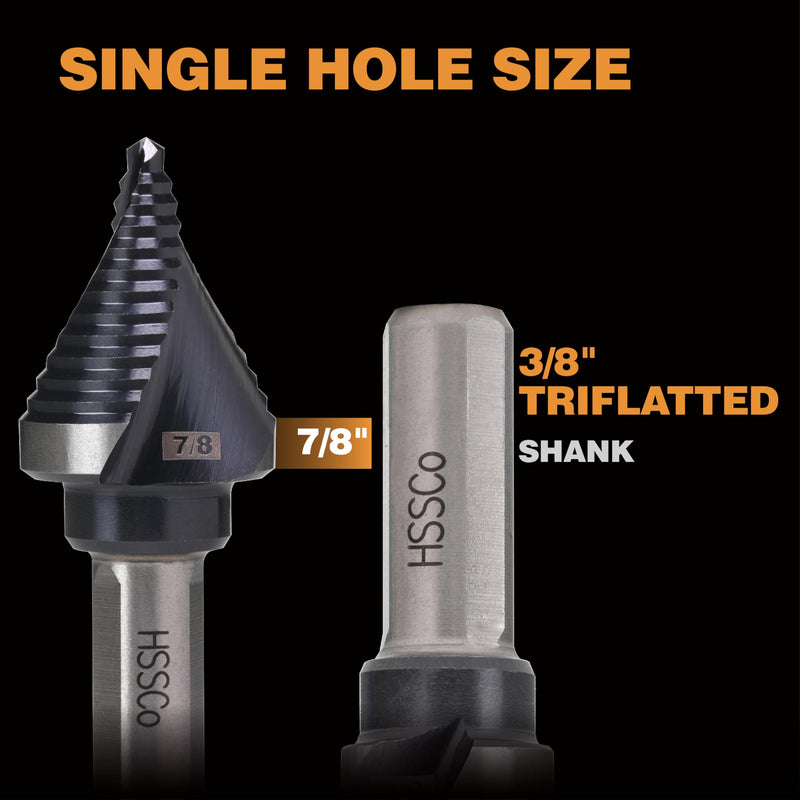 M35 HSS 7/8 Inch Step Drill Bit, Single Size Unibit with Double Spiral Flutes for Drilling Small Holes on Stainless Steel, Metal, Wood, Plastic 1 Single Size 7/8" (2 Flutes)