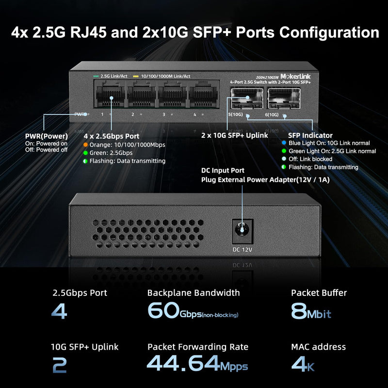 MokerLink 4 Port 2.5G Ethernet Switch with 2x10G SFP+ Slot, 4x2.5G Base-T Ports Compatible with 100/1000Mbps, Mini Size, Metal Unmanaged Fanless Network Switch Mini 4*2.5G,2*10G SFP