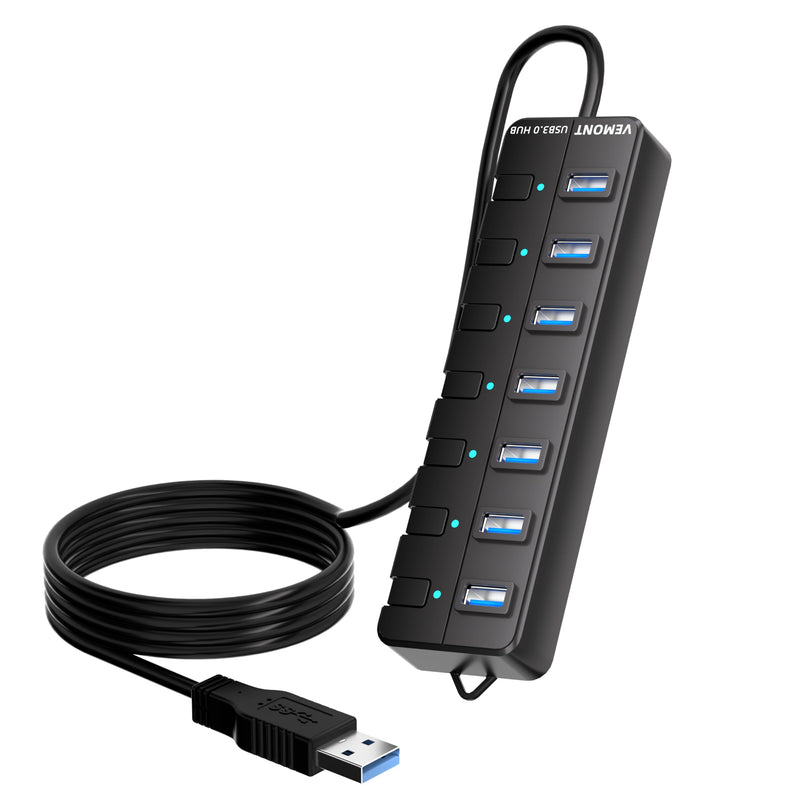 VEMONT 7-Port USB 3.0 Hub (Equipped with a 4-Foot Data Cable, Individual Switch, and Indicator Light, it Supports Data Transfer speeds of up to 5Gbps) Suitable for Desktop Computers and laptops.