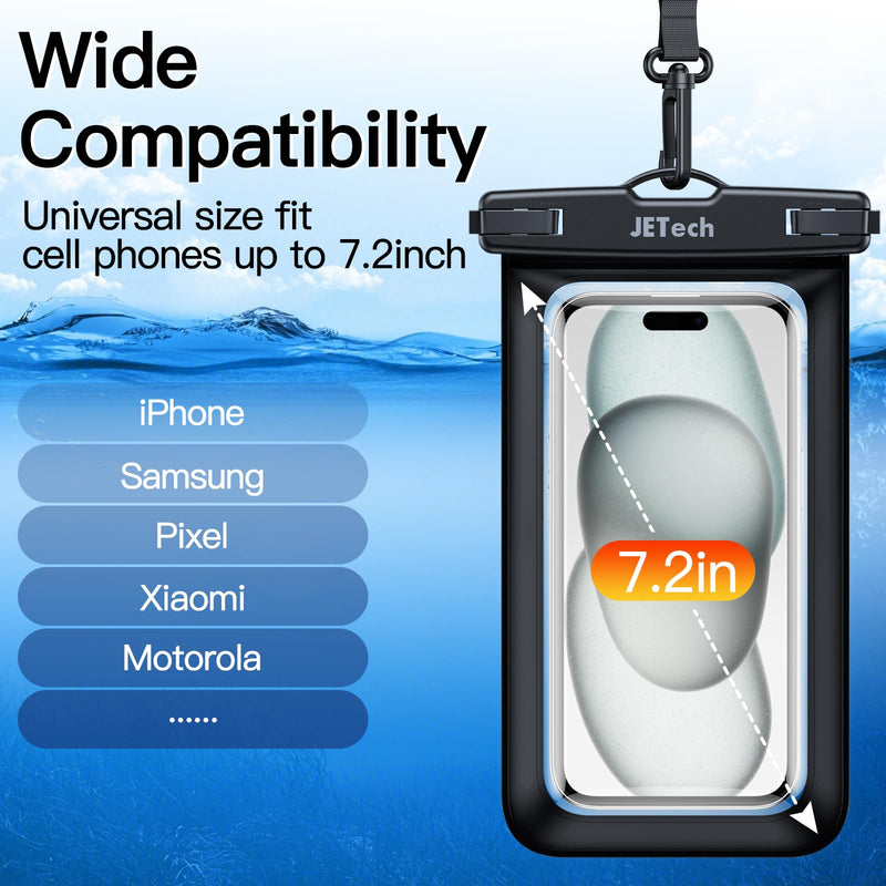 JETech Waterproof Phone Pouch, Water Proof Case for iPhone 15 14 13 12 Pro Max Plus, for Samsung Galaxy S24 S23 Ultra and Others up to 7.2 Inch, IPX8 Dry Bag with Lanyard, 2 Pack (Black+Black) Black+Black