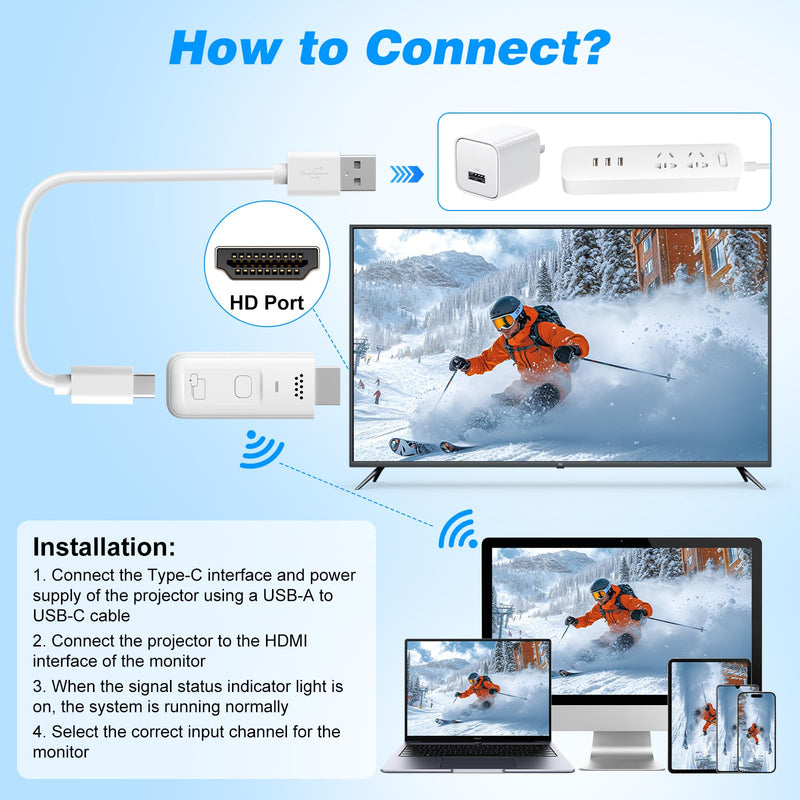 Wireless HDMI Display Dongle Adapter, Portable Receiver for Streaming Movies, Shows Extender Kit 4K Support 2.4/5Ghz, Video Mirroring Dongle Receiver from Smartphone,Laptop Support Airplay Miracast