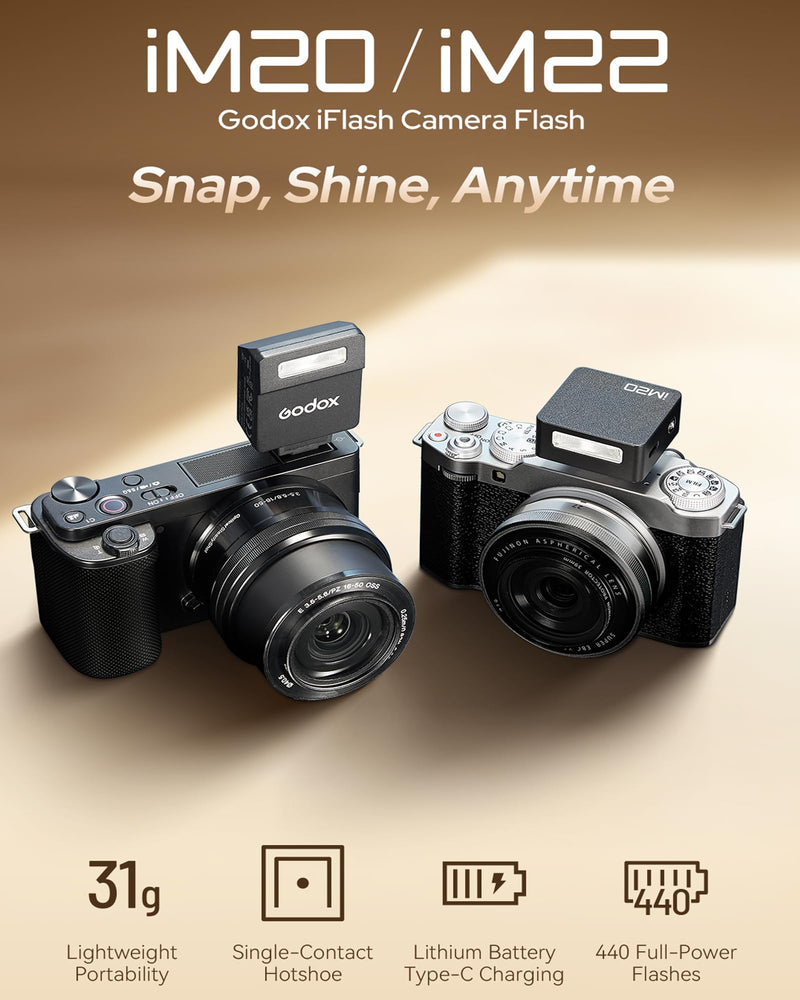 Godox iM22 iFlash Camera Flash and Lightweight Portability Single-Contact Hotshoe Lithium Battery Type-C Charging 440 Full-Power Flashes