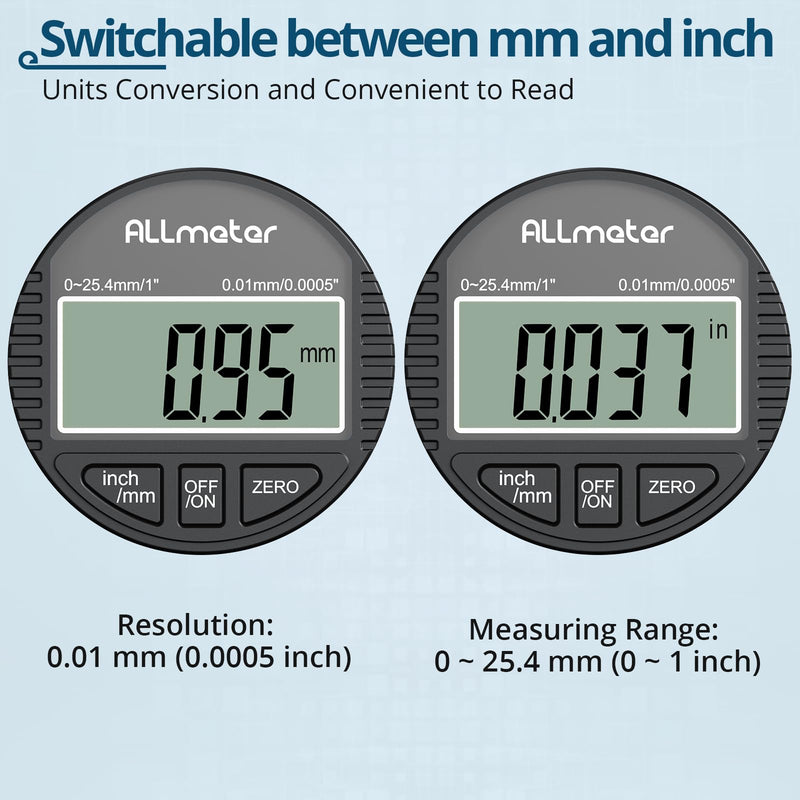 DTI Digital Dial Indicator, 0.01mm/0.0005" Resolution, 0-25.4mm/1" Measuring Range, Electronic Probe Indicator with LCD Display, Switchable mm/inch, Zero Setting Black 0.01/.0005''
