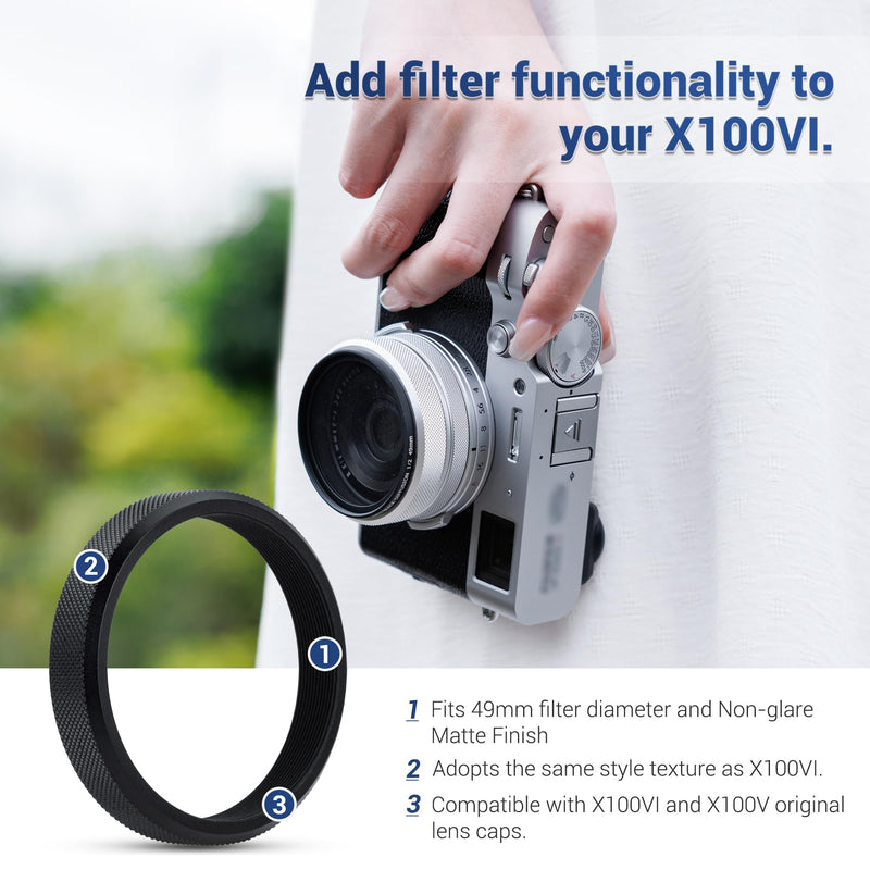 Deluxe Lens Filter Adapter Ring for Fujifilm X100VI X100V X100F X100T X100S X100 X70 Camera Install 49MM UV CPL ND Filter & Fuji FLCP-49 lens Cap,Replace Fujifilm AR-X100 - Grid Pattern BLACK