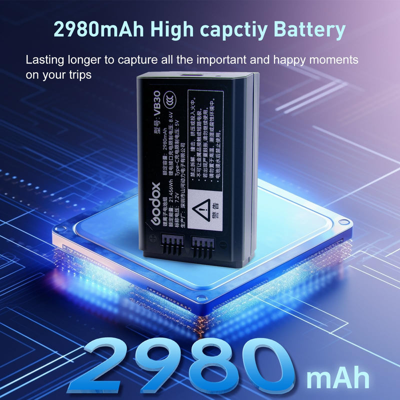 GODOX V100 V1 V1Pro Battery Replacement V30 Battery with Type-C Charge 7.2V/2980mAh for V100C V100N V100S V1Pro-C V1Pro-N V1Pro-S V1C V1N V1S Camera Flash (VB26 Upgrade)