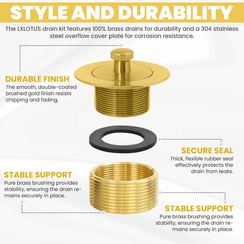 Brushed Gold Bathtub Drain - Lift and Turn - Gold/Brass Tub Drain, Overflow Drain Cover, and Tub Drain Replacement Kit - Solid Brass - Professional Grade - Fits 1-3/8" and 1-1/2" Brushed Gold