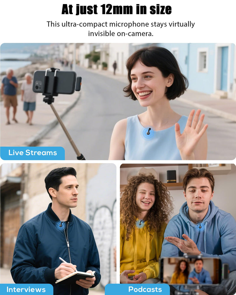 Wireless Lavalier Microphone for iPhone, iPad, Android - USB-C Plug Noise Cancelling Lapel Mini Mic with Charging Case, 30H Battery - Compact Clip-on Mic for YouTube, TikTok, Podcast, Video Recording Black