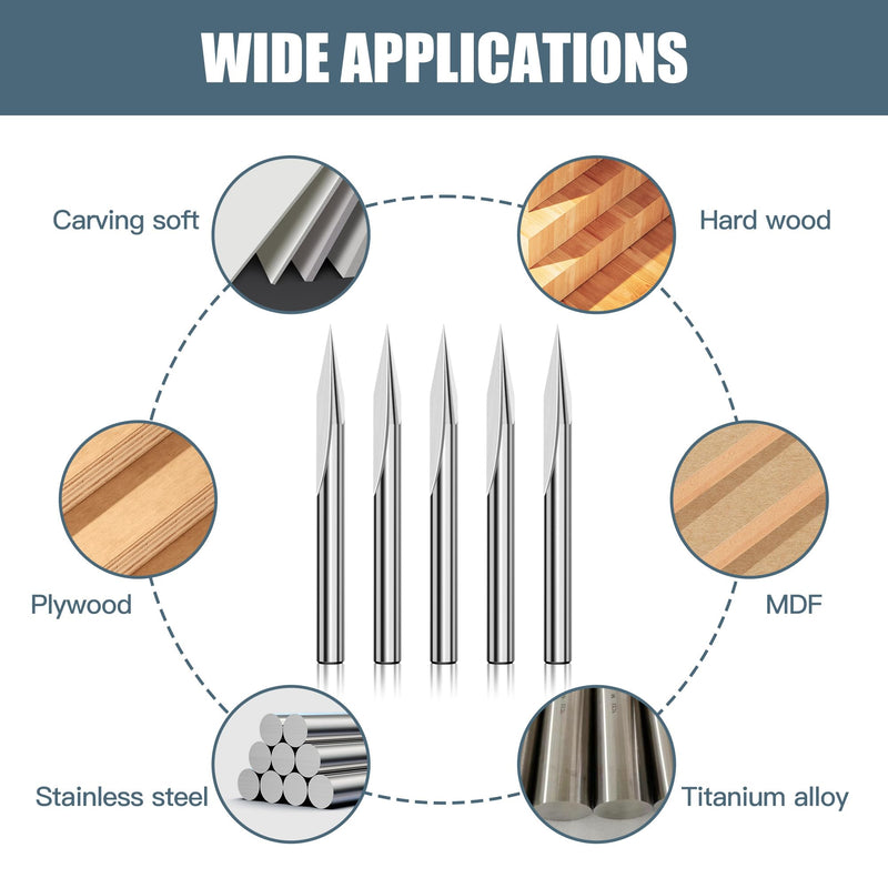HUHAO V Groove CNC Wood Engraving Bit, 1/8 Shank, 20 Degree 0.1mm Carbide Tip Engraving Bits,2 Flute Straight & V-Bit Woodworking Carving Bit Tool for Plywood, MDF Lettering Sign Making ø3.175*20°*0.1mm 5pcs