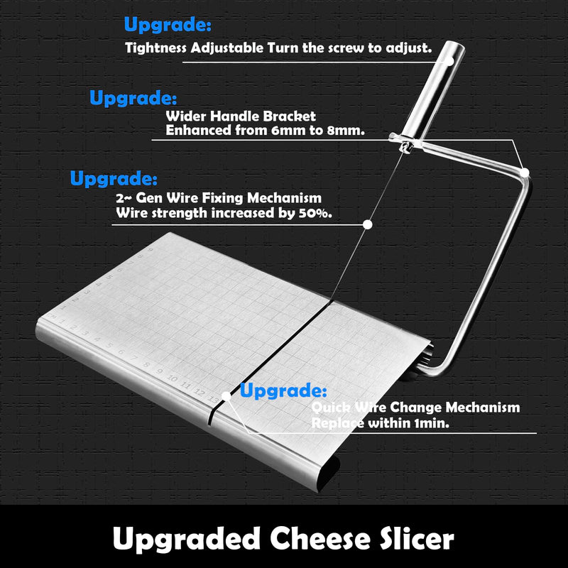 Cheese Slicer with Cutting Board and Measuring Grid, Adjustable Stainless Steel Wire Cheese Cutter for Block Cheese, Includes 5 Replacement Wires, Easy to Clean and Use