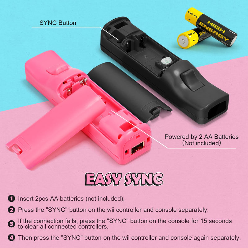 PGYFDAL Wii Controller 2 Pack, Wii Remote Controller and Nunchuck Joystick with Silicone Case and Wrist Strap for Holiday (Black and Pink) Black and Pink
