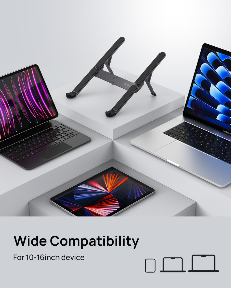 SODI Ultra Compact Foldable Laptop Stand - Portable Laptop Holder for Desk & Travel Use, Ergonomic Aluminum Computer Holder with Adjustable Height for MacBook, Tablet 10-16" (Dark Black, Bi-Fold) Dark Black