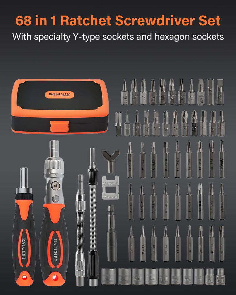 Ratcheting Screwdriver Set, 68 in 1 Socket Set & Magnetic Screwdriver Bit Set with Rotatable Ratchet Handles, Extensions Bar and Storage Case for Phone, Computer, Bike, Car, Electronics Maintenance 68 PCS Orange