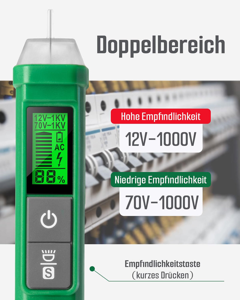 Non-contact voltage tester, TESMEN TN-213, phase tester, non-contact continuity tester, AC 12V-/70V-1000V, dual range, flashlight, LCD display in percent, buzzer alarm, wire break detection-green green