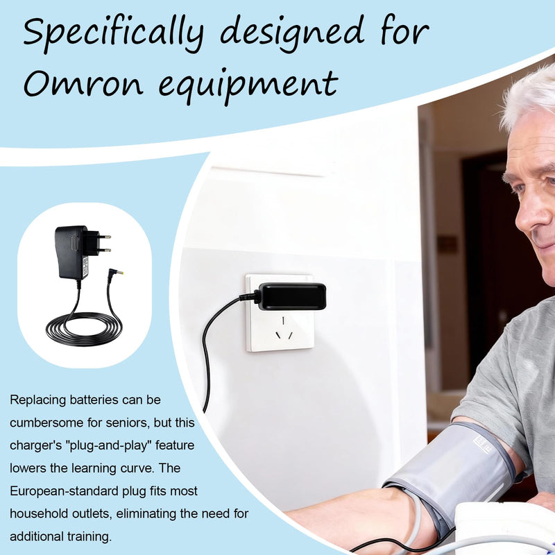 1.5 m 6 V power adapter for blood pressure monitor, power supply charger for Omron blood pressure monitors M7, M500, M700, M3, M5, replacement adapter for HEM-7156, HEM-7120, JPN-500, compatible with