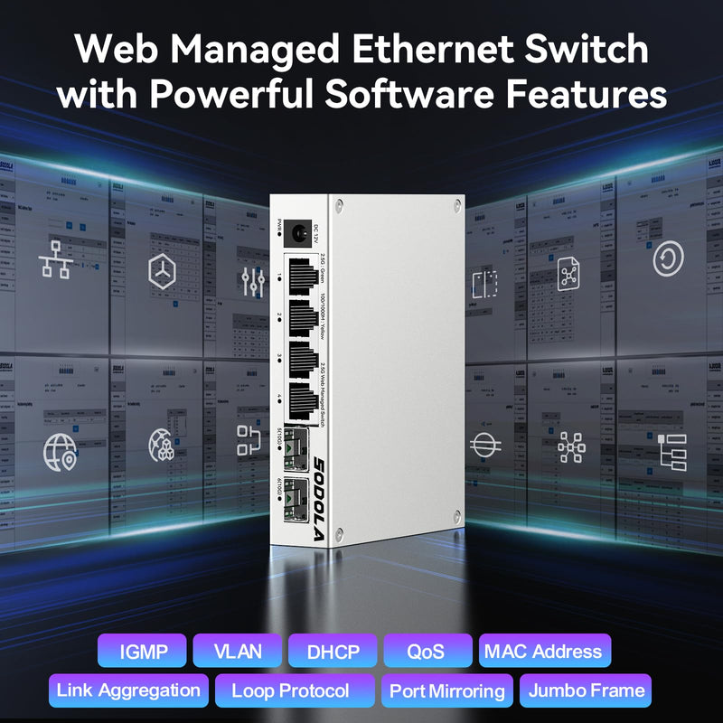 SODOLA 6 Port 2.5Gb Easy Web Managed Switch, 4 x 2.5G Base-T Ports, 2 x 10G SFP+,Aluminum Alloy Cooling & Magnetic Mounting - LACP/QoS/VLAN/IGMP Managed Multi-Gigabit Switch for Homelab SL902-SWTG124AS