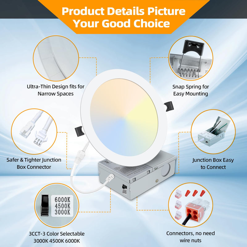LZHOME 2 Pack 8 Inch LED Recessed Light- Ultra-Thin Recessed Ceiling Lighting with Junction Box, 3000K/4500K/6000K Selectable, 1800LM High Brightness, Dimmable Canless Downlight Fixtures 2 Packs 3CCT-3000K/4500K/6000K