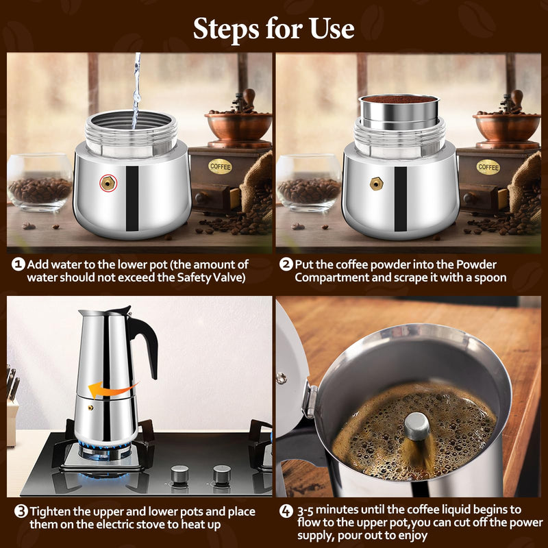 2 Cup Moka Pot Percolator Italian Coffee Maker 100ml Stovetop Espresso Mocha Stainless Steel Greca Coffee Maker Classic Cafe Makers Suitable for Induction Cookers Ceramic Stoves Straight 2 Cup 100ml