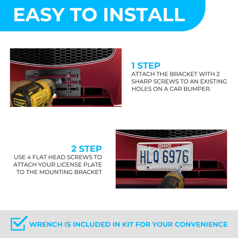 Front Bumper License Plate Bracket for Chevrolet 2000-2025, Plate Holder Set w 6 Unique Screw Bolts & Wrench Kit, License Tag Mounting Kit, Quality Plate Holders, Premium Car Accessories