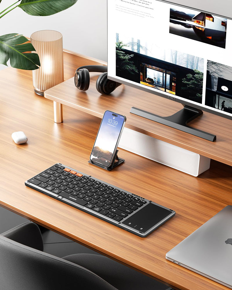 Samsers Foldable Bluetooth Keyboard with Touchpad, Full-Size Wireless Folding Keyboard with PU Leather, Portable Travel Keyboard for iOS Android Windows Mac OS, Support 3 Devices (BT5.1 x 3) Space Gray