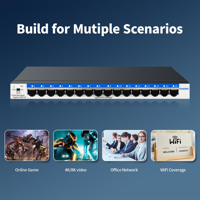 16 Port Gigabit Switch, Easy Smart Managed Ethernet Switch, Network Hub, Ethernet Splitter, Plug & Play, Fanless Metal Design, VLAN, Qos, Desktop or Wall Mount 16 Gigabit Ports|Easy Managed