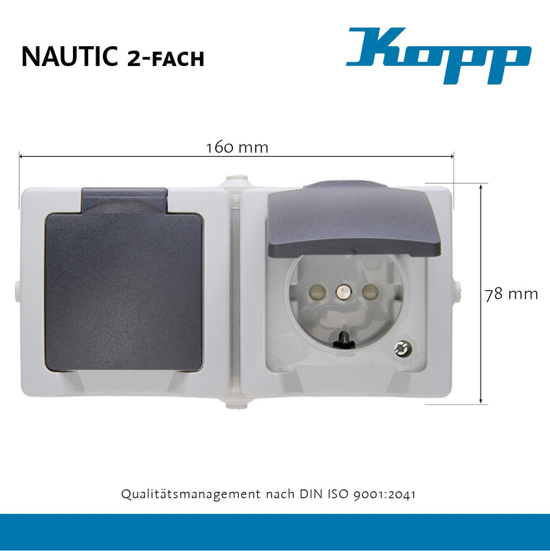 Kopp Nautic 2-way socket surface-mounted for wet rooms with hinged lid and contact protection I earthed contact socket 16 A / 250 V / IP44 I surface-mounted socket I gray - 137056002 socket 2-way horizontal