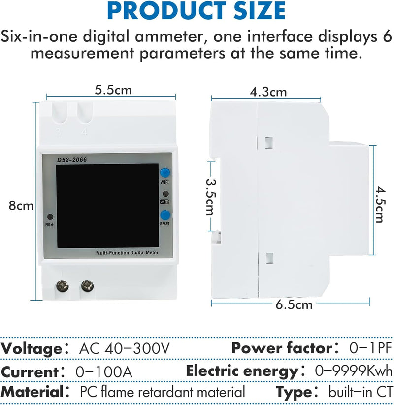 KETOTEK Single Phase Energy Meter Din Rail Electricity Usage Monitor AC 40-300V 100A Watt kWh Meter Voltage Power Consumption Counter Electric Meter (Built-in CT)