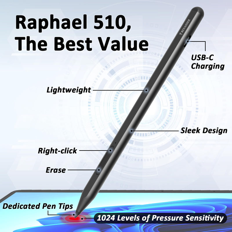 Taiwan RENAISSER Stylus Pen for Microsoft Surface, Designed in Houston, Made in Taiwan, Palm Rejection, USB-C Fast Charging, Pen for Surface Pro 11/10/9/8/7, Surface Go/Laptop Dark