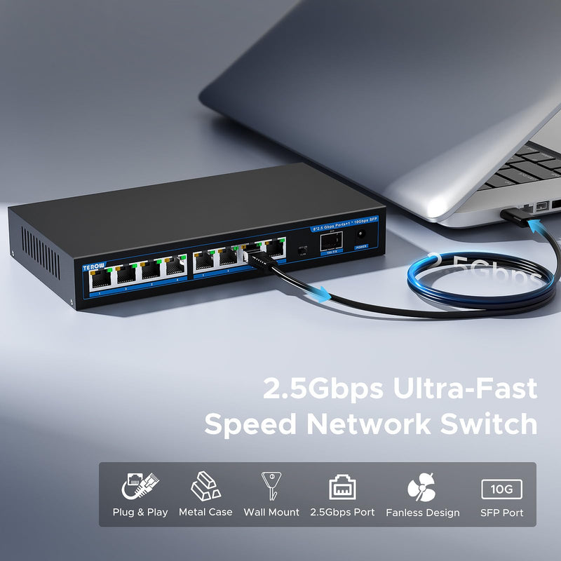 8 Port 2.5G Switch with 1*10G SFP+,TEROW 8 x 2.5Gb Base-T & 1 x 10Gbs SFP+, Vlan, Multi-Speed Network Switch, Compatible with Gigabit & 10Gb, Desktop/Wall Mount, Ideal for AP, NAS, PC,Office 2.5G 8 Port