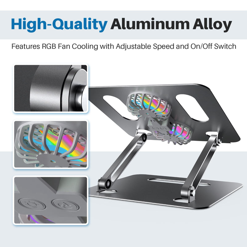 Adjustable Laptop Cooling Stand with 2 Quiet Fans & RGB Lighting, Aluminum Alloy & Foldable Ergonomic Design for MacBook, Lenovo, ASUS, Dell 10-16 Inch, Perfect for Gaming, DJ, Office - Gray