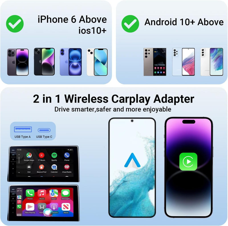Wireless Carplay Adapter, Plug and Play 2-in-1 Carplay Wireless Adapter for Apple and Android, Wireless Adapter CarPlay Dongle Fits for Factory Wired CarPlay Cars from iOS10+ Black