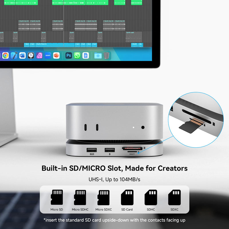 Minisopuru iExpandMate MINI4PRO Mac mini M4 Dock with 4K@60 HDMI, 8TB M.2 NVMe SSD Enclosure, Mac mini Hub & Stand for Mac mini M4 and M4 Pro 2024 (TF/SD Slot, 3* USB-A 2.0, Audio) | Silver
