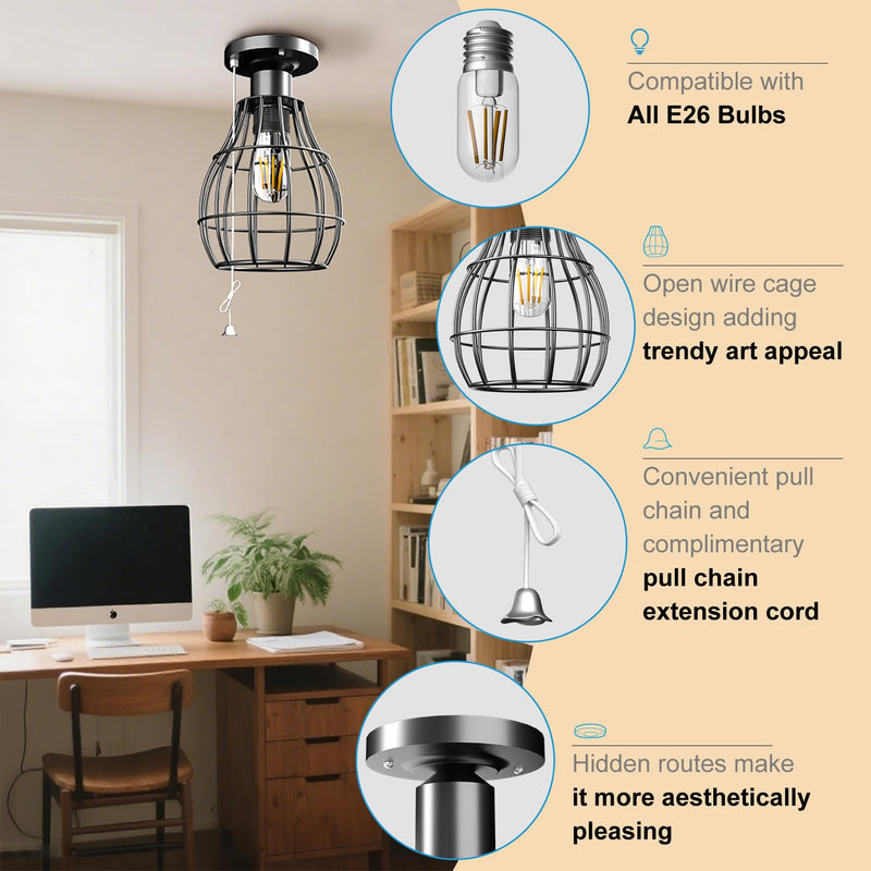 Lightdot Farmhouse Flush Mount Ceiling Light with Pull Chain Industrial Ceiling Light Fixture Rustic Black Metal Cage Close to Ceiling Lamp E26 Base for Closet Hallway Foyer Kitchen-2Pack
