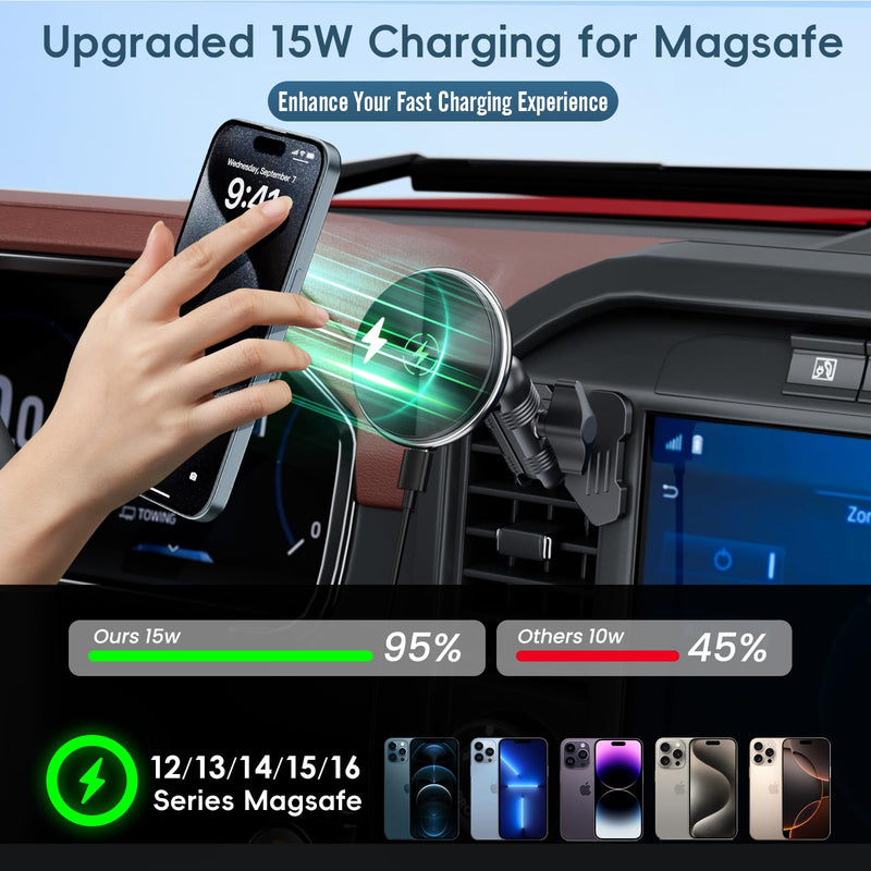 Kaishengyuan Wireless Charger Magnetic Vent Phone Mount Compatible with 2021-2025 Ford F-150, 2023-2025 Super Duty F250/F350/F450, Metal Phone Holder Cradles Bracket Stand for All Smartphone Charging-Magnetic