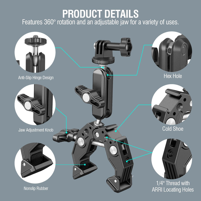 Super Clamp Camera Clamp Mount Monitor 360° Ballhead Magic Arm Double Ball Head Adapter with 1/4"-20 & 3/8"-16 Thread for Canon Nikon DSLR Camera